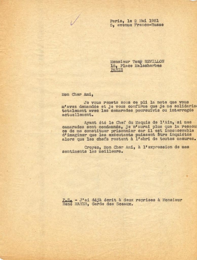 Lettre Henri Petit - Chef des Maquis de L'Ain pour défendre ses camarades