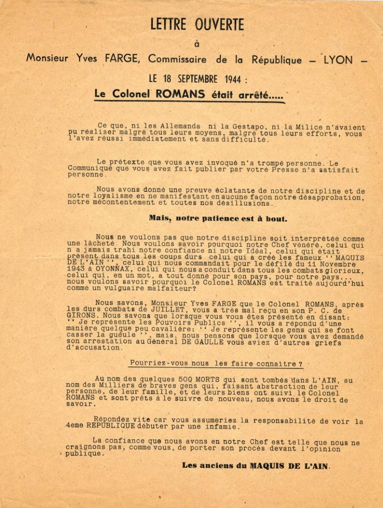 Lettre Ouverte des anciens du Maquis de L'Ain envers Yves FARGE