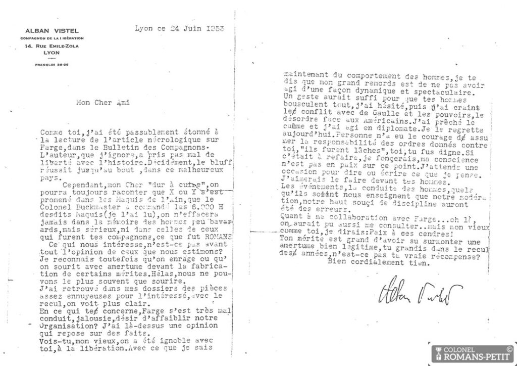 Lettre d'excuses d'Alban VISTEL au colonel Henri ROMANS-PETIT suite à son arrestation