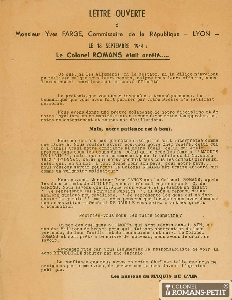 Lettre ouverte suite arrestation Romans-Petit