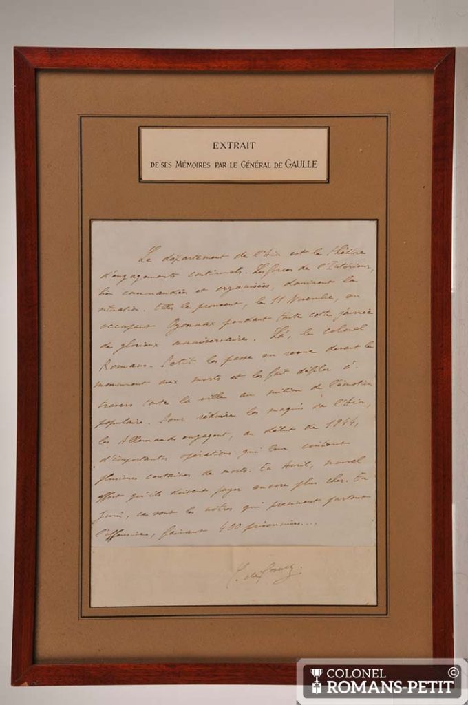 Extrait manuscrit des mémoires du Général de Gaulle offert au Colonel Romans-Petit
