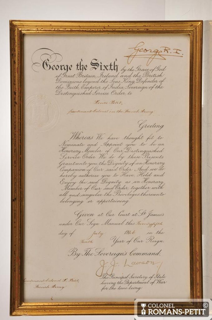 Diplôme du DSO signé par le roi Georges VI, remis au colonel Romans-Petit