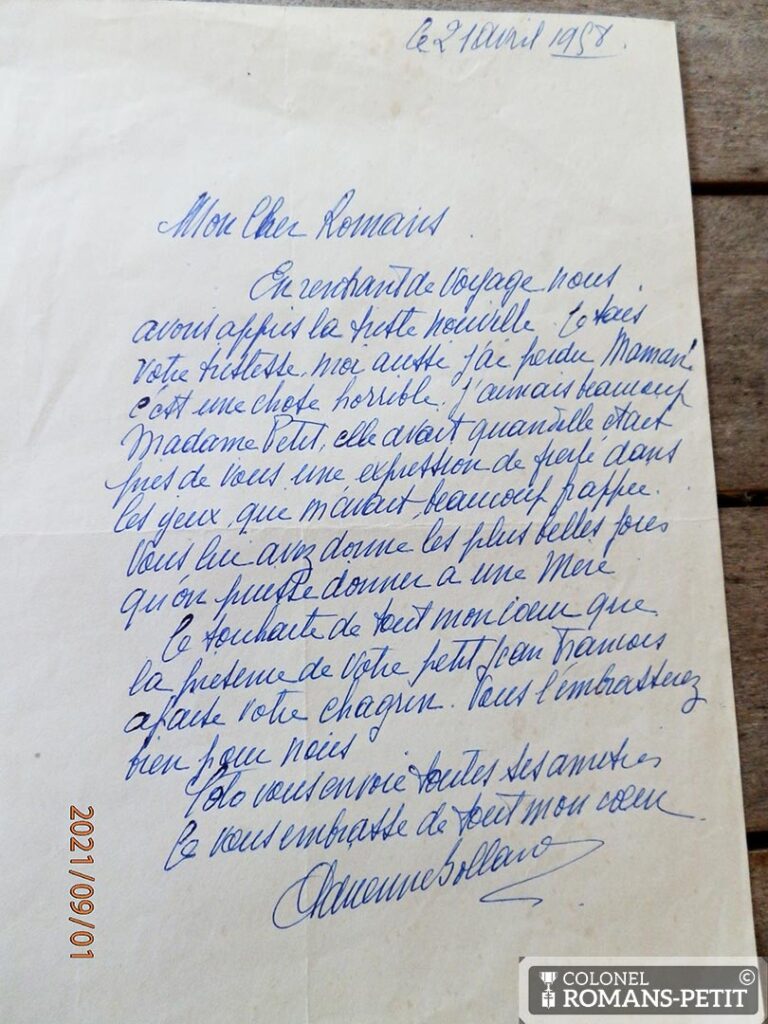 Lettre manuscrite d'Adrienne Bolland à Romans-Petit